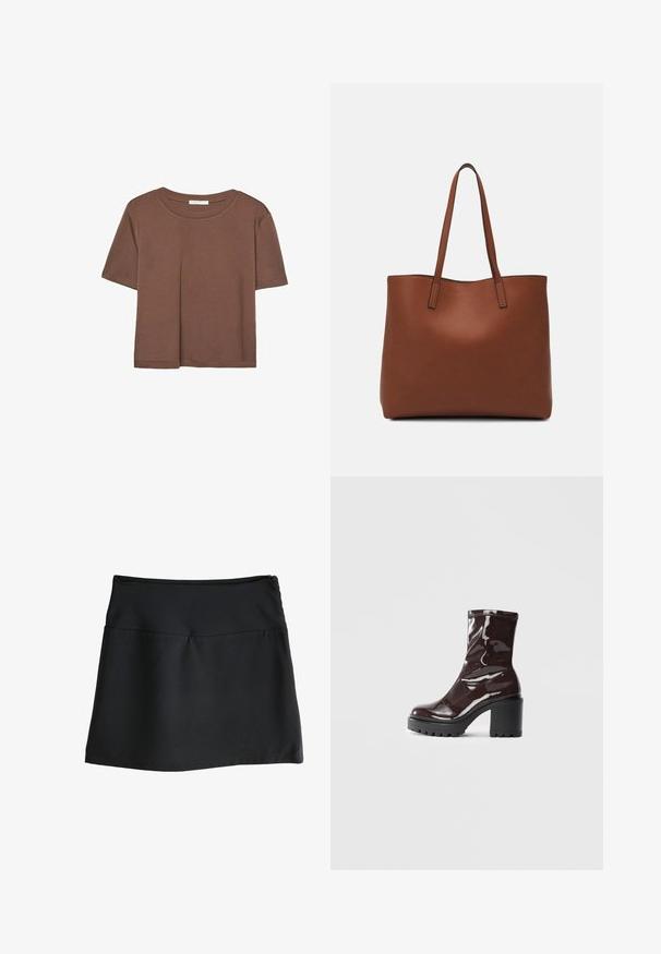 Braunes, kurzärmliges T-Shirt aus weichem Material mit rundem Halsausschnitt und lockerer Passform. Keine sichtbaren Muster oder Akzente.; Schwarzer Rock mit glatter Textur, knielangem Schnitt und einem einfachen, elastischen Bund. Verfügt über einen dezenten Reißverschluss auf der Rückseite.; Glatte bordeauxrote Ankle Boots mit einem klobigen schwarzen Absatz, die eine glatte Oberfläche und ein einfaches Design aufweisen. Keine sichtbaren Verschlüsse oder Muster.; Braune Leder-Tote mit glatter Textur, offenem Oberteil und zwei Schulterriemen. Verfügt über minimale Nähte und keine sichtbaren Beschläge.