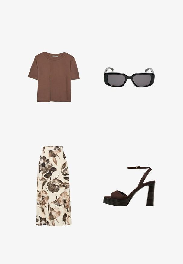 T-shirt marron à manches courtes en tissu doux, avec un col rond et une coupe décontractée. Aucun motif ni accent visible.; Jupe maxi à motif floral en crème, ornée de fleurs brunes et noires avec des feuilles vertes. Fabriquée en tissu léger avec une coupe décontractée.; Sandale à talons hauts en suede marron avec un bout ouvert, une bride de cheville réglable et une semelle de plateforme rayée.; Lunettes de soleil noires rectangulaires avec des verres foncés, monture en plastique lisse et branches courbées. Le design est épais avec une esthétique minimaliste.