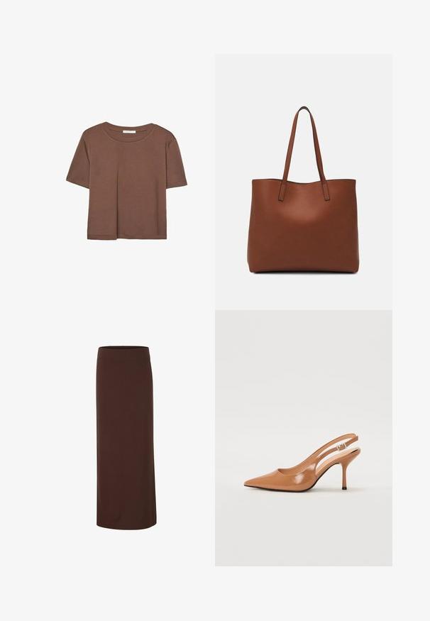 Brązowa koszulka z krótkim rękawem, wykonana z miękkiego materiału, z okrągłym dekoltem i luźnym krojem. Brak widocznych wzorów lub akcentów.; Brąskowa spódnica midi wykonana z gładkiej tkaniny, z dopasowaną talią i prostym krojem, bez widocznych wzorów czy akcentów.; Sandały na obcasie z kwadratowym noskiem, wykonane z gładkiego, błyszczącego materiału w kolorze brązowym. Charakteryzują się zaokrąglonym wycięciem i smukłym obcasem typu stiletto. Detal w postaci srebrnej klamry.; Brązowa skórzana torba tote o gładkiej fakturze, z otwartym wierzchem i dwoma ramiączkami. Charakteryzuje się minimalnym przeszyciem i brakiem widocznych elementów metalowych.