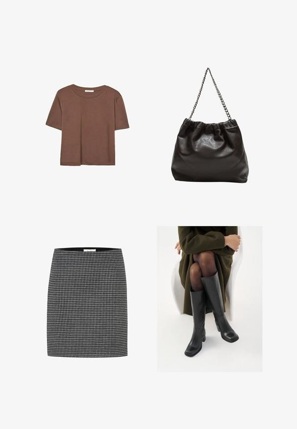 Brązowa koszulka z krótkim rękawem, wykonana z miękkiego materiału, z okrągłym dekoltem i luźnym krojem. Brak widocznych wzorów lub akcentów.; Spódnica w czarno-białą kratę houndstooth o dopasowanej sylwetce, gładkiej strukturze i elastycznym pasie. Brak widocznych elementów metalowych czy wzorów poza wzorem houndstooth.; Kozaki skórzane do kolan w kolorze czarnym, z kwadratowym noskiem i słupkowym obcasem, pokazane na modelce siedzącej w oliwkowej zielonej kurtce. Gładka tekstura, minimalne detale.; Brązowa skórzana torba z marszczonym szczytem i łańcuszkowym paskiem. Gładka tekstura z błyszczącym wykończeniem i subtelnymi detalami szwów po bokach.