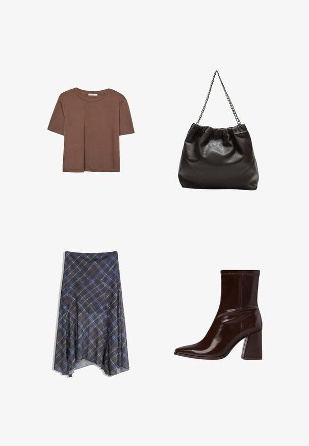 Rjava kratka majica s kratkimi rokavi iz mehkega materiala, s krožnim izrezom in ohlapnim krojem. Brez vidnih vzorcev ali dodatkov.; Črna karirana krila z modrimi in rjavimi črtami, tekoče oblikovanje, srednje dolžine, izdelano iz lahkega materiala z gladko teksturo.; Rjave lakirane gležnjerice s šiljastim prstom, elastičnim gležnjem i chunky blok petom. Elegantno dizajnirane s glatkom teksturom.; Rjava usnjena torba z nabranim vrhom in verižnim trakom. Gladka tekstura z sijajno površino in subtilnimi šivi na straneh.