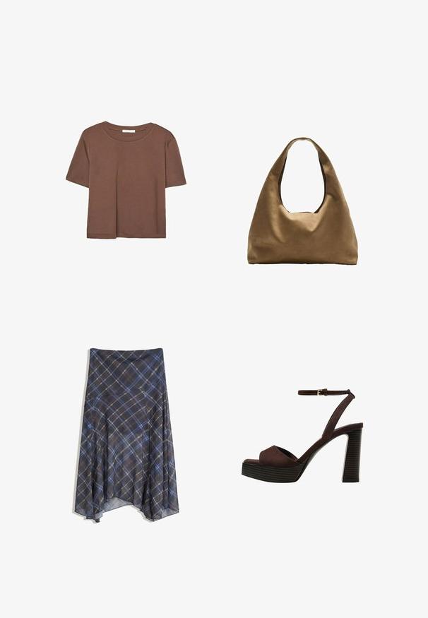 Brun kortärmad t-shirt i mjukt tyg, med rund halsringning och avslappnad passform. Inga synliga mönster eller detaljer.; Svart rutigt kjol med blå och bruna linjer, flödande design, medellång, tillverkad av lättviktsmaterial med en slät textur.; Bruna mocka högklackade sandaler med öppen tå, justerbar vristrem och en randig plattformssula.; Brun tygaxelväska med en bred, rundad kropp och ett stort utskärningshandtag. Mjukt material, minimalistisk design och ingen synlig hårdvara.