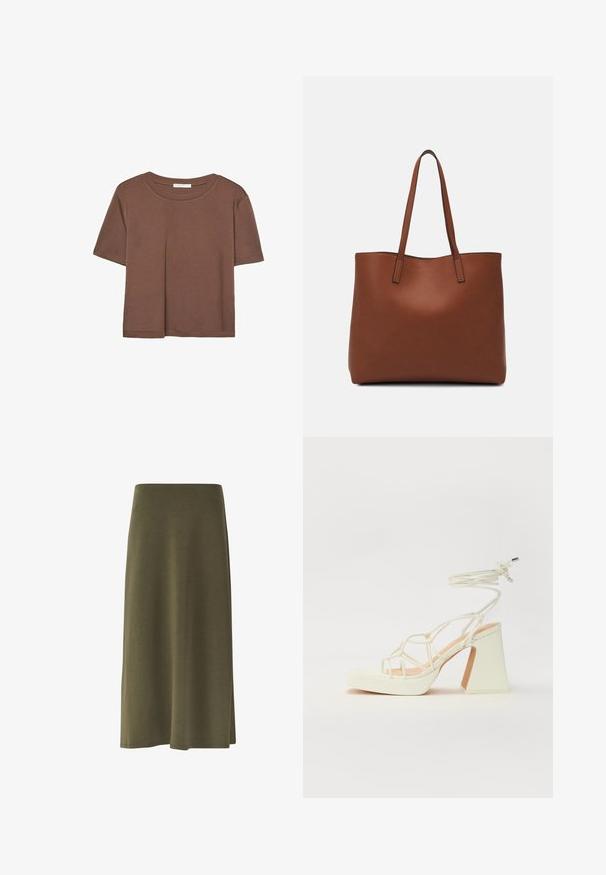 T-shirt marron à manches courtes en tissu doux, avec un col rond et une coupe décontractée. Aucun motif ni accent visible.; Une jupe olive longueur genou en tissu doux, présentant une texture lisse, un drapé subtil et une légère fente latérale.; Sandale blanche à talons hauts avec un talon épais, présentant un design à lanières et un lien autour de la cheville. Texture lisse avec une plateforme à l'avant pour une hauteur supplémentaire.; Sac fourre-tout en cuir marron avec une texture lisse, design à ouverture supérieure et deux poignées pour le porter à l'épaule. Présente des coutures minimales et aucun matériel visible.