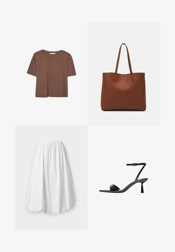 T-shirt marron à manches courtes en tissu doux, avec un col rond et une coupe décontractée. Aucun motif ni accent visible.; Jupe blanche, longueur genou, avec une taille élastiquée et une forme boule. Fabriquée en tissu léger avec une texture lisse.; Bershka Sandales à talons hauts - black; Sac fourre-tout en cuir marron avec une texture lisse, design à ouverture supérieure et deux poignées pour le porter à l'épaule. Présente des coutures minimales et aucun matériel visible.