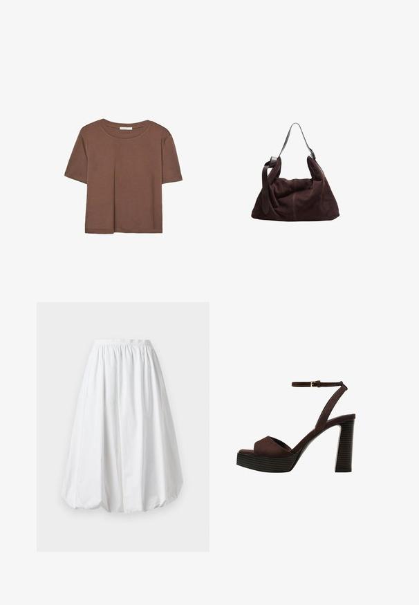 Rjava kratka majica s kratkimi rokavi iz mehkega materiala, s krožnim izrezom in ohlapnim krojem. Brez vidnih vzorcev ali dodatkov.; Bela krila do kolen s elastičnim pasom in balonasto obliko. Narejena iz lahkega blaga z gladko teksturo.; Rjave semiš sandale z visoko peto, odprto spredaj, z nastavljivim gležnjenjem in črtastim podplatom.; Temno rjav sueden hobo torba za rame z širokim nastavljivim usnjenim trakom in mehkobo, udobno obliko na beli podlagi.