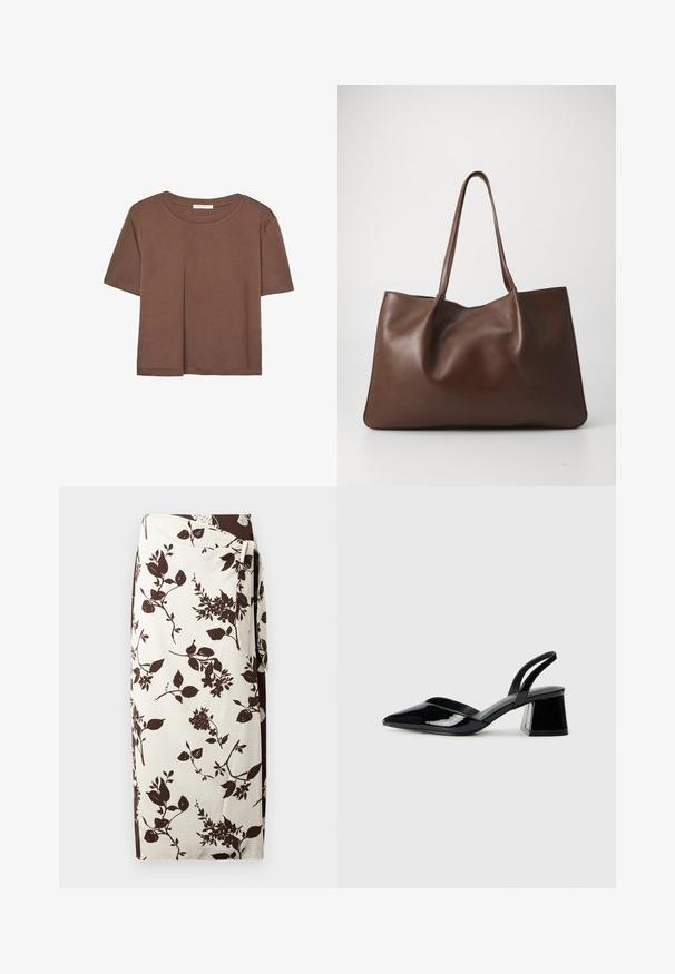 Hnedé tričko s krátkym rukávom vyrobené z jemného materiálu, s okrúhlym výstrihom a voľným strihom. Žiadne viditeľné vzory ani akcenty.; Sukňa s kvetinovým vzorom, so smotanovým základom a tmavohnedými botanickými motívmi. Vyrobená z hladkej tkaniny, má viazanie v páse.; Čierne lakované kožené sandálové podpätky s špicatou špičkou a geometrickým blokovým podpätkom. Disponujú elegantným, minimalistickým dizajnom a hladkým povrchom.; Hnedá kožená taška s mäkkým, voľne splývavým dizajnom. Obsahuje dva dlhé popruhy a hladký povrch bez viditeľných kovových prvkov alebo vzorov.