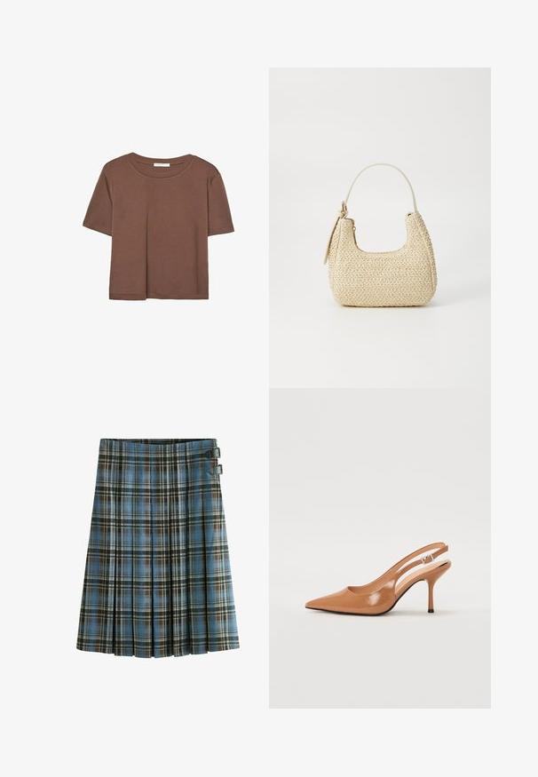 Brun kortärmad t-shirt i mjukt tyg, med rund halsringning och avslappnad passform. Inga synliga mönster eller detaljer.; Rutig kjol i blå, brun och svarta nyanser. Har veck och två svarta spännen i midjan. Tillverkad av vävd tyg.; Tåspets slingback-häl i ett slätt, glansigt brunt material. Har en kurvad utskärning och en smal stilettklack. Silverdetalj med spänne.; Vävd halmhandväska i beige med en kurvad form, ett kort handtag och en sidoglid. Har en texturerad yta och minimalistisk design.