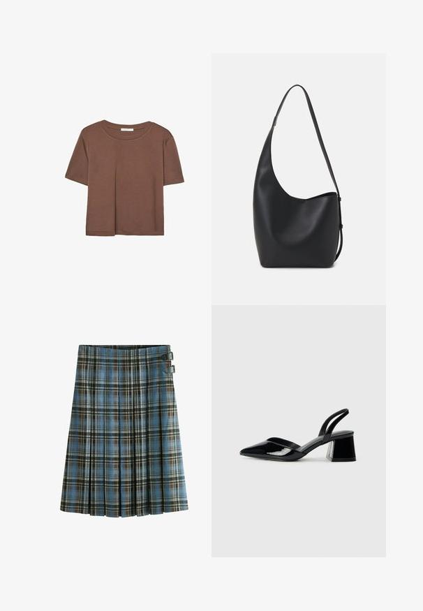 Brun kortærmet t-shirt lavet af blødt stof, med rund halsudskæring og afslappet pasform. Ingen synlige mønstre eller detaljer.; Rutet nederdel i blå, brun og sort nuancer. Har plisseringer og to sorte spændeaccentuer ved taljen. Fremstillet af vævet stof.; Sorte patentlæder slingback hæle med spids tå og en geometrisk blok hæl. Har et elegant, minimalistisk design og en glat tekstur.; Sort læder hobo taske med en glat overflade, buet form og en enkelt justerbar rem; har en bred åbning øverst.