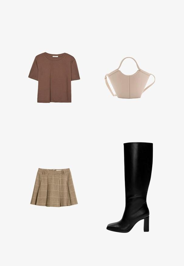 Braunes, kurzärmliges T-Shirt aus weichem Material mit rundem Halsausschnitt und lockerer Passform. Keine sichtbaren Muster oder Akzente.; Brauner kariertes Rock mit schwingendem Design, Falten und einem Bund mit Gürtelschlaufen. Hergestellt aus einem strukturierten Stoff mit einem Karomuster.; Schwarze knielange Lederstiefel mit einem quadratischen Zehenbereich und einem kräftigen Absatz. Glatte Textur, taillierte Form und keine sichtbaren Beschläge oder Muster.; Beige Lederhandtasche mit einer einzigartigen Form, die zwei kurze Henkel und einen langen verstellbaren Riemen aufweist. Glatte Textur mit minimalen Hardware-Elementen.