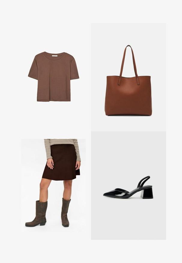 Hnědé tričko s krátkým rukávem vyrobené z měkké látky, s kulatým výstřihem a volným střihem. Bez viditelných vzorů nebo dekorací.; Žena v hnědé sukně po kolena, pruhovaném topu s dlouhým rukávem a tmavě hnědých kožených botách po lýtka stojí na bílém pozadí.; Černé lakované kožené lodičky na pásku s špičatou špičkou a geometrickým blokovým podpatkem. Vyznačují se elegantním, minimalistickým designem a hladkým povrchem.; Hnědá kožená taška přes rameno s hladkou texturou, otevřeným designem a dvěma ramenními popruhy. Obsahuje minimální švy a žádné viditelné kovové prvky.