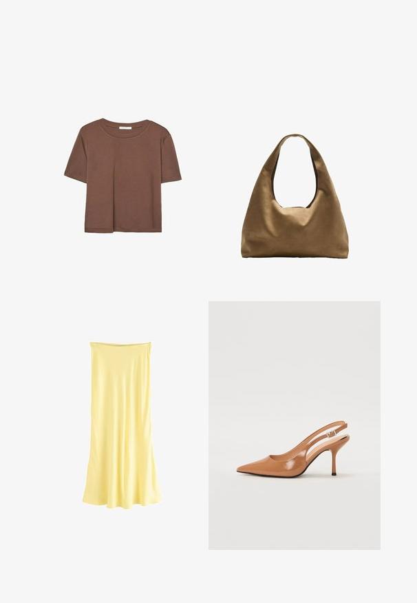 T-shirt marron à manches courtes en tissu doux, avec un col rond et une coupe décontractée. Aucun motif ni accent visible.; Robe maxi en satin jaune avec une silhouette fluide. Elle présente un décolleté froncé et une texture lisse, conçue pour un port décontracté.; Escarpin à talon slingback à bout pointu en matériau beige lisse et brillant. Présente un design de découpes courbées et un talon aiguille fin. Détail de boucle en argent.; Sac à épaule en tissu marron avec un corps large et arrondi et une grande poignée découpée. Texture douce, design minimaliste et aucun matériel visible.