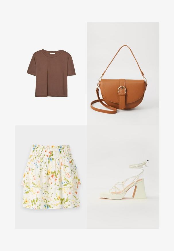 Korte mouwen T-shirt in bruin, gemaakt van een zachte stof, met een ronde halslijn en een relaxte pasvorm. Geen zichtbare patronen of accenten.; Rok met bloemenpatroon, voorzien van een smockband, gerimpelde lagen en een witte achtergrond met groene, rode en blauwe bloemen.; Witte hoge hakken sandaal met een chunky hak, met een bandjesontwerp en enkelband. Gladde textuur met een plateau voor extra hoogte.; Bruine leren schoudertas met een gebogen vorm, gouden hardware en een gespaccent. Bevat een afneembare schouderriem.