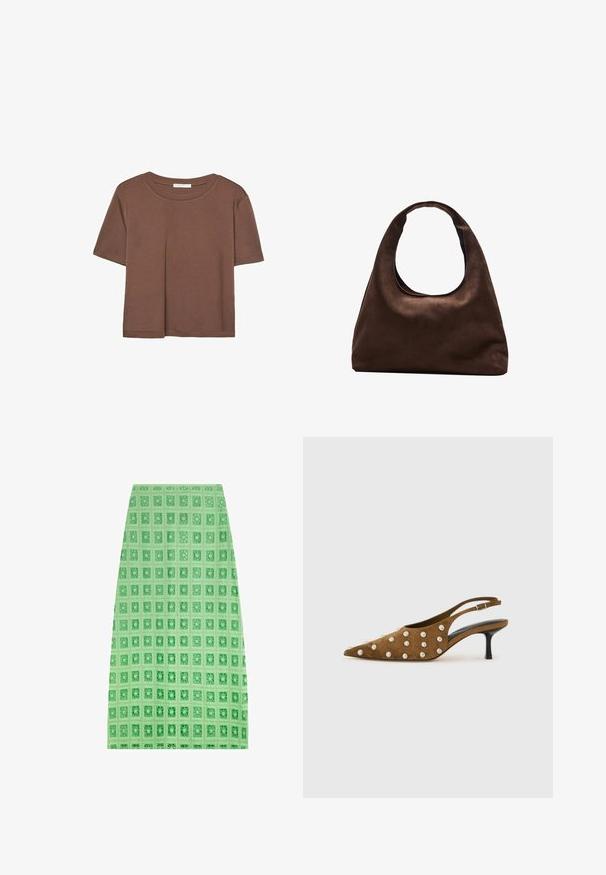 Brown short-sleeve t-shirt made of soft fabric, with a round neckline and relaxed fit. No visible patterns or accents.; Green textured pencil skirt featuring a grid pattern with squares, crafted from lightweight fabric for comfort and style.; Brown suede slingback kitten heel shoe with pointed toe and silver round studs on upper and sides, against a plain white background.; Soft brown hobo-style handbag with a single wide strap and a curved top handle opening, displayed on a white background.