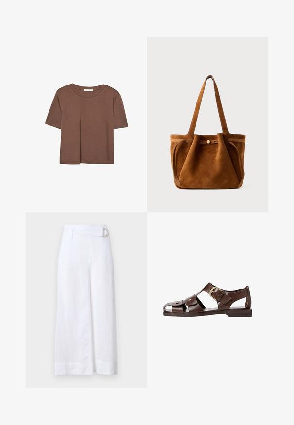 Brown short-sleeve t-shirt made of soft fabric, with a round neckline and relaxed fit. No visible patterns or accents.; White linen culottes with a wide-leg design, featuring a belt with a circular metal buckle and flat front pleats.; Brown leather sandal featuring a cutout design, adjustable side buckle, and flat sole, with metal accents and an open toe.; Brown suede tote bag with dual handles, a button closure strap, and a relaxed, slightly slouchy shape.