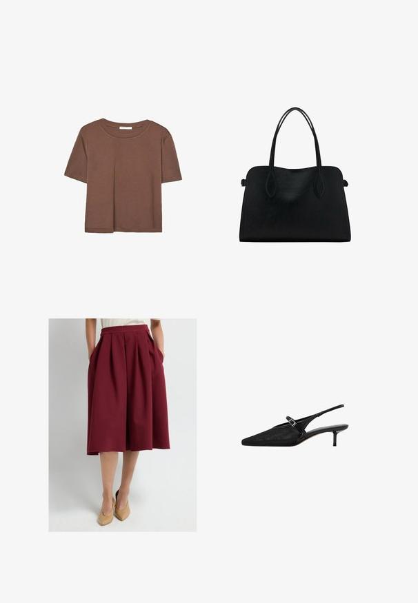 Korte mouwen T-shirt in bruin, gemaakt van een zachte stof, met een ronde halslijn en een relaxte pasvorm. Geen zichtbare patronen of accenten.; Bordeauxkleurige geplooide rok met zijzakken, gemaakt van een gestructureerde stof, knielang, gedragen met naakte hoge hakken.; Zwarte slingback hakken met puntige neuzen, een gestructureerde mesh bovenkant, slanke verstelbare band met zilveren gesp en 5 cm stiletto hakken.; Zwarte leren handtas met dubbele schouderriemen, rechthoekige vorm en minimalistisch ontwerp op een witte achtergrond.
