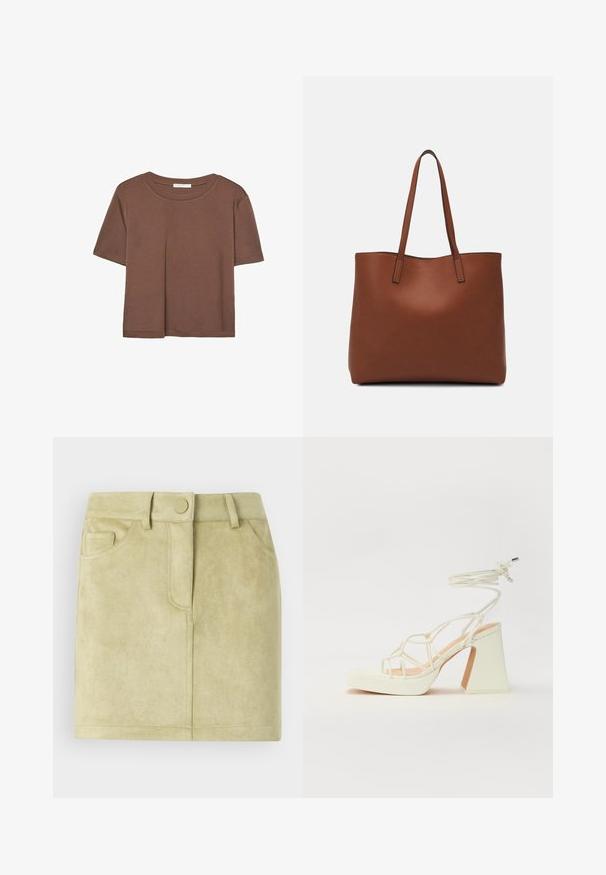 Rjava kratka majica s kratkimi rokavi iz mehkega materiala, s krožnim izrezom in ohlapnim krojem. Brez vidnih vzorcev ali dodatkov.; Zeleni mini krilo iz semiša. Zasnovano z oprijetim pasom, dvema sprednjima žepoma in sprednjim zapiranjem z okroglo gumbom. Mehka tekstura.; Bela sandala na visokih petah s debelim petam, ki ima obliko trakcev in vezanje okoli gležnja. Gladka tekstura z platformo spredaj za dodatno višino.; Rjava usnjena torba z gladko teksturo, odprto zasnovo zgoraj in dvema naramnima trakovoma. Opremljena je z minimalnim šivanjem in brez vidnih kovinskih delov.