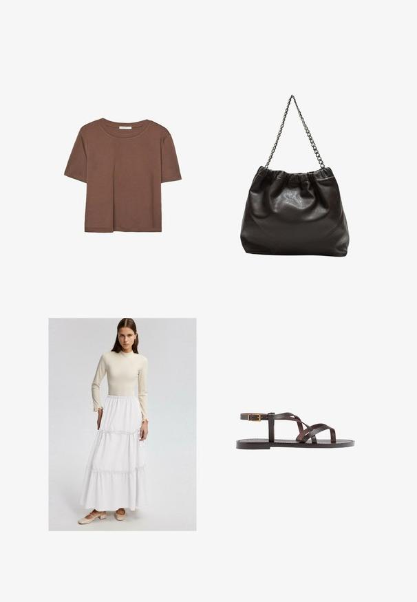 T-shirt marron à manches courtes en tissu doux, avec un col rond et une coupe décontractée. Aucun motif ni accent visible.; Haut beige à manches longues avec des poignets à volants, associé à une jupe maxi blanche à volants avec des coutures froncées. Le modèle porte des chaussures à talon carré beige.; Sandale en cuir marron avec des brides entrecroisées, une fermeture à boucle à la cheville et une semelle plate avec des détails de couture minimaux.; Sac en cuir marron avec un haut froncé et une bandoulière en chaîne. Texture lisse avec une finition brillante et des coutures subtiles sur les côtés.