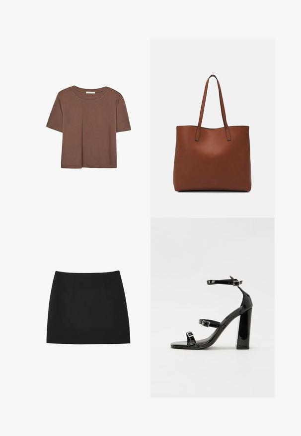 Maglietta a maniche corte marrone realizzata in tessuto morbido, con scollatura rotonda e vestibilità rilassata. Nessun motivo o dettaglio visibile.; Gonna mini nera realizzata in tessuto liscio, con pieghe sul davanti, taglio dritto e senza ulteriori motivi o accenti.; Sandali con tacco in vernice nera, con punta squadrata, cinturini alla caviglia e fibbie in argento. Presentano un tacco a blocco spesso per maggiore stabilità.; Borsa tote in pelle marrone con texture liscia, design con apertura superiore e due spallacci. Presenta cuciture minime e nessun hardware visibile.