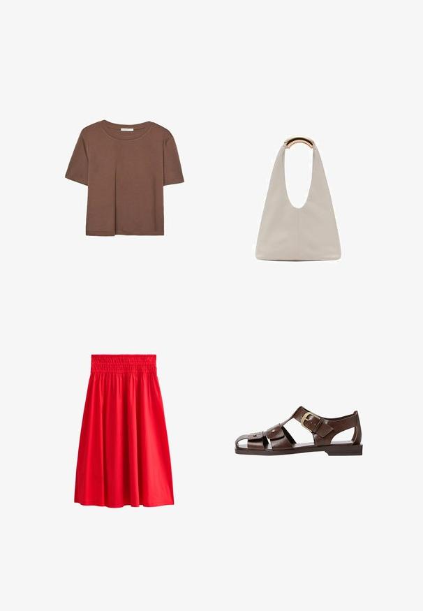 T-shirt marron à manches courtes en tissu doux, avec un col rond et une coupe décontractée. Aucun motif ni accent visible.; Jupe rouge, de longueur genou, avec une taille élastique, en tissu lisse, présentant un design évasé et sans motifs ni accents visibles.; Sandale en cuir brun avec un design découpé, boucle ajustable sur le côté et semelle plate, avec des accents en métal et une ouverture au niveau des orteils.; Sac en cuir gris clair avec un design en forme de U et une poignée métallique courbée. Texture lisse avec un minimum de coutures et sans motifs visibles.