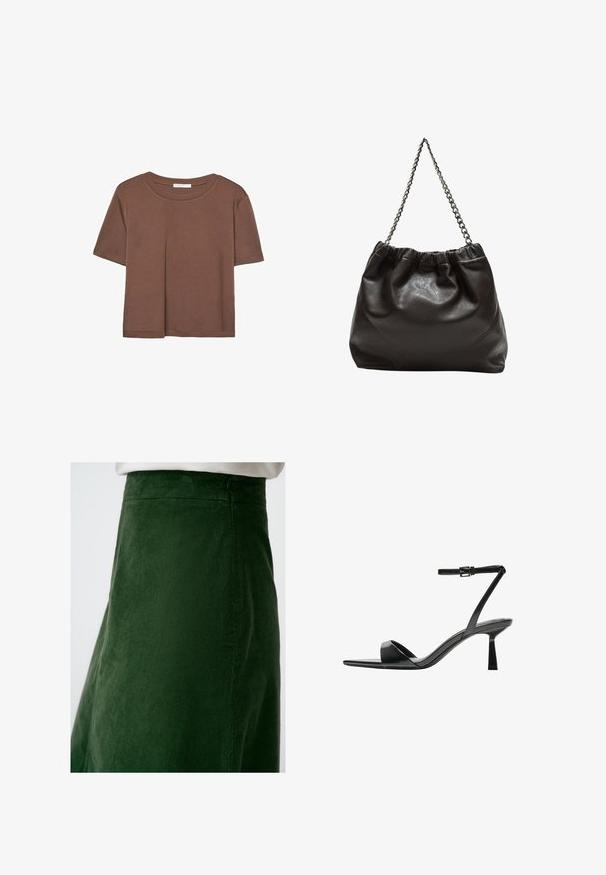 Korte mouwen T-shirt in bruin, gemaakt van een zachte stof, met een ronde halslijn en een relaxte pasvorm. Geen zichtbare patronen of accenten.; Groene corduroy rok met verticale ribbels, voorzien van een gladde textuur en een aansluitende taille, met zichtbare stikdetails langs de naden.; Bershka Sandalen met hoge hak - black; Bruine leren tas met een geplooide bovenkant en een kettinghengsel. Glad textuur met een glanzende afwerking en subtiele naaddetails aan de zijkanten.