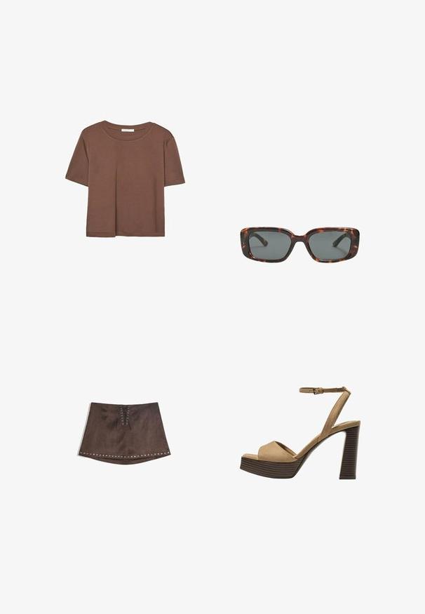 Rjava kratka majica s kratkimi rokavi iz mehkega materiala, s krožnim izrezom in ohlapnim krojem. Brez vidnih vzorcev ali dodatkov.; Rjava mini krilo iz umetnega usnja z detajlom vrvnega vezanja spredaj in srebrnimi žebljički ob robu. Gladka tekstura, A-linijski kroj in kratka dolžina.; Bež semiš sandali na visoki peti z širokim sprednjim trakom in trakom okoli gležnja, opremljeni z debelim lesenim blokom peto z teksturirano površino.; Sonce, ki je oblikovana v tortoščkovem vzorcu, ima pravokotne leče, debele okvirje in temne leče. Ima gladko teksturo in minimalističen dizajn.