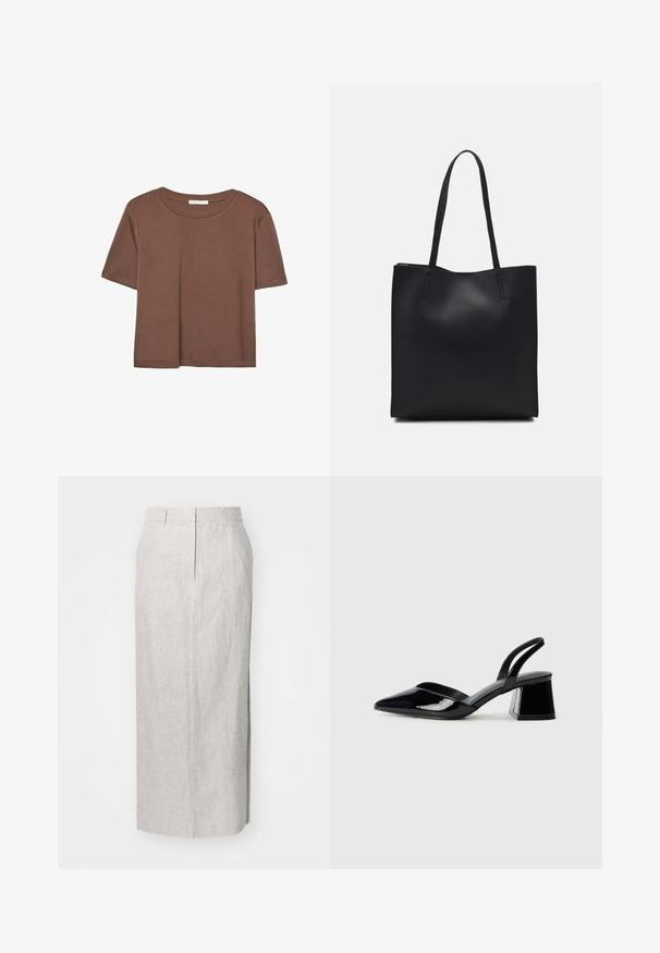 Brun kortärmad t-shirt i mjukt tyg, med rund halsringning och avslappnad passform. Inga synliga mönster eller detaljer.; Ljusgrå, knä-lång blyertskjol i texturerat tyg, med en åtsittande midja, subtil sömnadsdetaljering och utan synliga stängningar.; Svarta lackläder slingback klackar med spetsig tå och geometrisk klack. Har en elegant, minimalistisk design och slät yta.; Svart lädertoffelväska med slät textur, rektangulär form och två långa handtag. Ingen synlig hårdvara eller dekorationer.