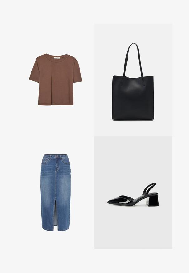 T-shirt marron à manches courtes en tissu doux, avec un col rond et une coupe décontractée. Aucun motif ni accent visible.; Jupe en denim avec une fente avant, mi-longue, dans un délavage bleu clair à moyen. Comprend cinq poches et une taille avec passants de ceinture.; Escarpins en cuir verni noir avec bout pointu et talon bloc géométrique. Présente un design élégant et minimaliste ainsi qu'une texture lisse.; Sac fourre-tout en cuir noir avec une texture lisse, de forme rectangulaire et deux longues poignées. Pas de matériel ou d'ornementations visibles.