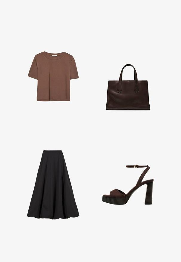 Hnědé tričko s krátkým rukávem vyrobené z měkké látky, s kulatým výstřihem a volným střihem. Bez viditelných vzorů nebo dekorací.; Černá dlouhá sukně vyrobená z hladké látky, s sklady a vysokým pasem. Tento design nabízí splývavý siluetu a dostatečný objem.; Hnědé semišové sandály na vysokém podpatku s otevřenou špičkou, nastavitelným páskem kolem kotníku a proužkovou platformou.; Hnědá kožená taška přes rameno s dvěma dlouhými uchy, strukturální obdélníkový tvar, hladká textura a jemné švy.