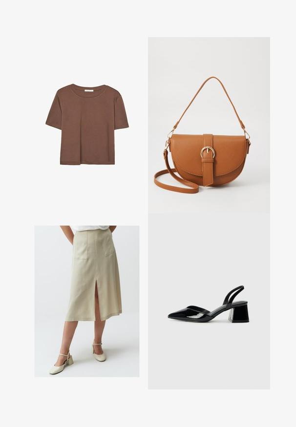 Korte mouwen T-shirt in bruin, gemaakt van een zachte stof, met een ronde halslijn en een relaxte pasvorm. Geen zichtbare patronen of accenten.; Jimmy Key A-lijn rok - taş; Zwarte gepatineerde leren slingback hakken met een spitse neus en een geometrische blokhak. Kenmerkt zich door een slank, minimalistisch ontwerp en een gladde textuur.; Bruine leren schoudertas met een gebogen vorm, gouden hardware en een gespaccent. Bevat een afneembare schouderriem.