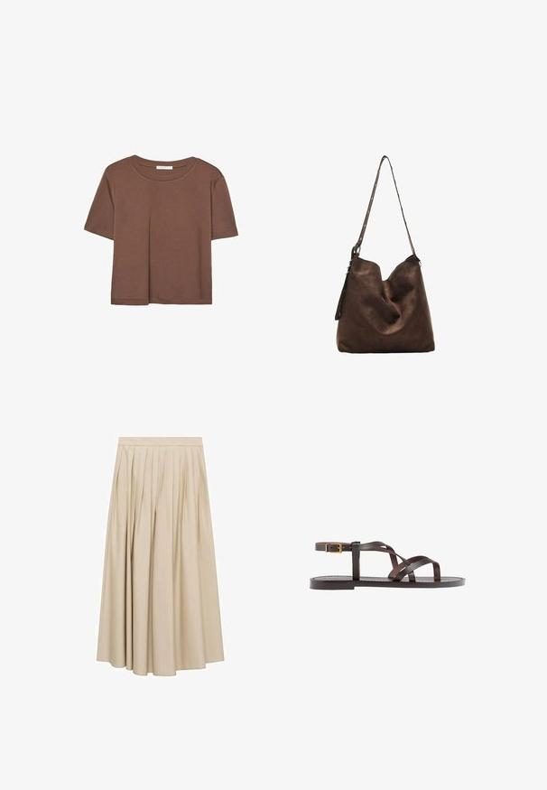 Kahvinsävyinen lyhythihainen t-paita, joka on valmistettu pehmeästä kankaasta. Pyöreä pääntie ja rento malli. Ei näkyviä kuvioita tai koristeita.; Viskoosihintainen midi-hame beige-värissä, jossa on sileä tekstuuri ja leveä helma. Yksinkertainen vyötärö ja pystysuorat poimut tarjoavat volyymia.; Ruske kožne sandale s križnim trakama, zatvaranjem na kopču oko gležnja i ravnim potplatom s minimalnim detaljima šivanja.; Ruskea mokkanahkainen hobo-laukku, jossa on kaareva yläosa, pitkä hihna, jossa on pistekoristeet, ja pehmeä pinta. Ominaisuuksiin kuuluu rento muotoilu, joka sopii arkikäyttöön.