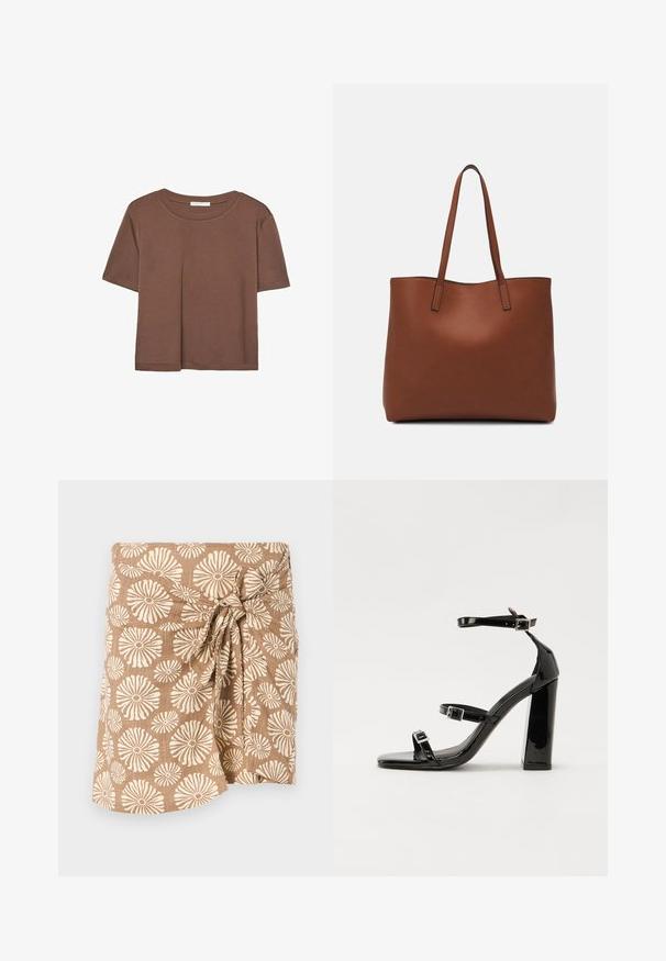 Hnědé tričko s krátkým rukávem vyrobené z měkké látky, s kulatým výstřihem a volným střihem. Bez viditelných vzorů nebo dekorací.; Hnědá zavinovací sukně s velkými krémovými květinovými vzory, uvázaná v pase uzlem, vyrobená z lehkého materiálu.; Černé lakované sandály na podpatku se čtveratou špičkou, lýtkovými pásky a stříbrnými přezkami. Disponují masivním blokovým podpatkem pro stabilitu.; Hnědá kožená taška přes rameno s hladkou texturou, otevřeným designem a dvěma ramenními popruhy. Obsahuje minimální švy a žádné viditelné kovové prvky.