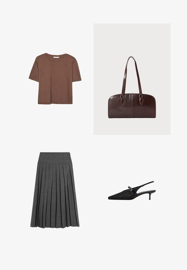 Braunes, kurzärmliges T-Shirt aus weichem Material mit rundem Halsausschnitt und lockerer Passform. Keine sichtbaren Muster oder Akzente.; Grauer plissierter Rock mit flachem Bund und subtil strukturiertem Muster. Verfügt über gleichmäßig verteilte, scharfe Falten für ein strukturiertes Erscheinungsbild.; Schwarze Slingback-Absätze mit spitzen Zehen, strukturiertem Mesh-Obermaterial, schmalem verstellbarem Riemen mit silberner Schnalle und 5 cm Stiletto-Absätzen.; Braune Ledertasche mit zwei langen Tragegriffen, einer strukturierten rechteckigen Form, glatter Textur und abgerundeten Kanten. Besitzt Akzentdetails an den Griffen.