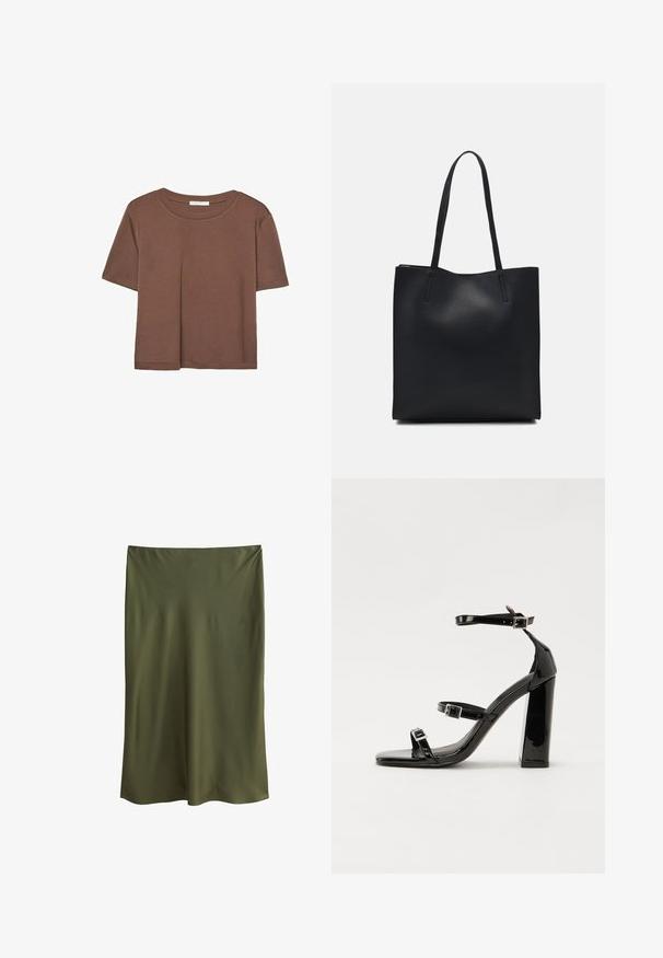 Brązowa koszulka z krótkim rękawem, wykonana z miękkiego materiału, z okrągłym dekoltem i luźnym krojem. Brak widocznych wzorów lub akcentów.; Oliwkowa satynowa spódnica midi o gładkiej teksturze i prostym kroju, z lekko drapowaną linią talii, co nadaje jej minimalistyczny wygląd.; Czarne lakierowane sandały na obcasie z kwadratowym noskiem, z paskami wokół kostki i srebrnymi klamrami. Posiadają masywny słupek dla stabilności.; Czarna skórzana torba tote o gładkiej fakturze, prostokątnym kształcie i dwóch długich uchwytach. Brak widocznych elementów metalowych i ozdób.