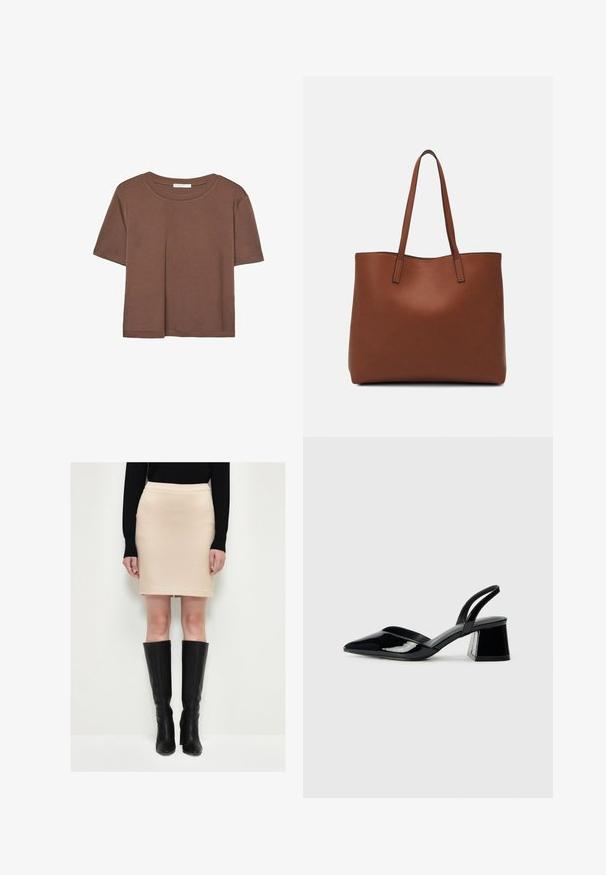 Hnědé tričko s krátkým rukávem vyrobené z měkké látky, s kulatým výstřihem a volným střihem. Bez viditelných vzorů nebo dekorací.; Úzká béžová sukně s texturovanou tkaninou, spárovaná s černými koženými botami až ke kolenům. Oblečení se vyznačuje jednoduchým designem a neutrální barevnou paletou.; Černé lakované kožené lodičky na pásku s špičatou špičkou a geometrickým blokovým podpatkem. Vyznačují se elegantním, minimalistickým designem a hladkým povrchem.; Hnědá kožená taška přes rameno s hladkou texturou, otevřeným designem a dvěma ramenními popruhy. Obsahuje minimální švy a žádné viditelné kovové prvky.