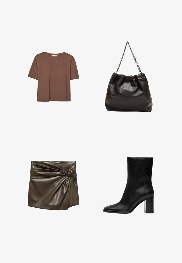 Hnedé tričko s krátkym rukávom vyrobené z jemného materiálu, s okrúhlym výstrihom a voľným strihom. Žiadne viditeľné vzory ani akcenty.; Mango CAIRO - Šortky - khaki; Čierne členkové topánky z hladkej kože, s špicatou špičkou a robustným obdĺžnikovým podpätkom. Minimalistický dizajn bez ozdôb.; Hnedá kožená taška so zberaným vrchom a reťazovým popruhom. Hladký povrch s lesklým finišom a jemným švom po stranách.
