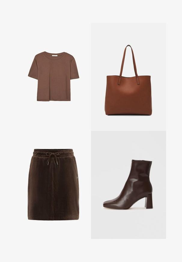 Korte mouwen T-shirt in bruin, gemaakt van een zachte stof, met een ronde halslijn en een relaxte pasvorm. Geen zichtbare patronen of accenten.; Bruine ribfluwelen rok met een elastische tailleband en koordsluiting. Heeft een verticale geribbelde textuur en een klein metalen logo-accent.; Bruine leren enkellaarzen met een spitse neus en een stevige blokhak. Gladde textuur, minimale stikdetails en een zijrits.; Bruine leren tote bag met een gladde textuur, een ontwerp met een open bovenkant en twee schouderbanden. Kenmerkt zich door minimale stiksels en geen zichtbare hardware.