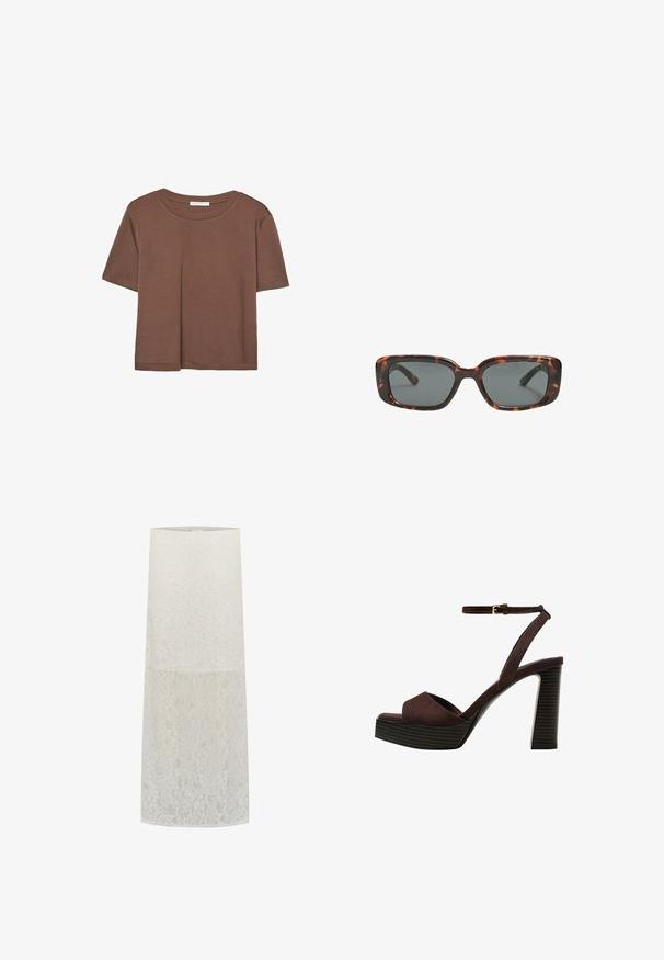 Smeđi kratki rukav majica od mekog materijala, s okruglim izrezom i opuštenim krojem. Nema vidljivih uzoraka ili naglasaka.; Bijela sjenila za lampu od čipke, cilindričnog oblika s cvjetnim uzorkom, prozirne teksture i glatkim gornjim rubom. Podržava standardno grlo za žarulju.; Smeđe zamšaste sandale s visokim potpeticama, otvorenim prstima, podesivom trakicom oko gležnja i prugastom platformom.; Smešane sunčane naočale s pravokutnim lećama, debelim okvirom i tamnim lećama. Glatka tekstura i minimalistički dizajn.