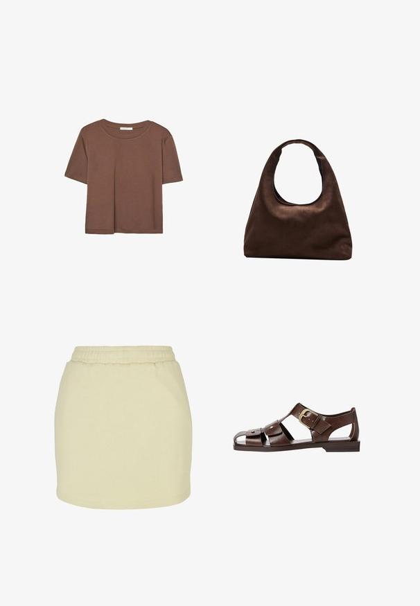 Smeđi kratki rukav majica od mekog materijala, s okruglim izrezom i opuštenim krojem. Nema vidljivih uzoraka ili naglasaka.; Svijetlo žuta suknja od mekog materijala, koja ima elastičnu ustrnicu i ravni kroj. Glatka tekstura bez vidljivih uzoraka ili naglasaka.; Smeđe kožne sandale s izrezbarenim dizajnom, podesivim bočnim kopčanjem i ravnim potplatom, s metalnim detaljima i otvorenim prstima.; Meka mekana smeđa torba hobo stila s jednim širokim remenom i zakrivljenim otvaranjem na vrhu, prikazana na bijeloj pozadini.