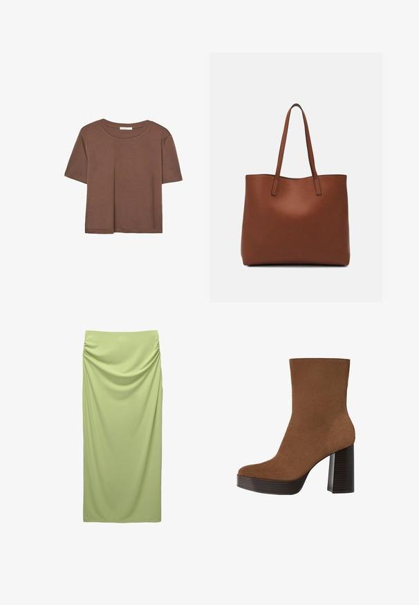 Hnedé tričko s krátkym rukávom vyrobené z jemného materiálu, s okrúhlym výstrihom a voľným strihom. Žiadne viditeľné vzory ani akcenty.; Vysoko pásová, dlhá sukňa z jemnej, svetlozelenej tkaniny. Má zberané detaily na boku pre textúru a padanie.; Hnedé z semišu členkové topánky s okrúhlou špičkou, robustným čiernym pruhovaným podpätkom a hladkým povrchom. Vyhotovenie je prispôsobené bez viditeľných kovových prvkov.; Hnedá kožená taška na rameno s hladkou textúrou, otvoreným vrchom a dvoma ramenými popruhmi. Má minimálne šitia a žiadne viditeľné kovania.