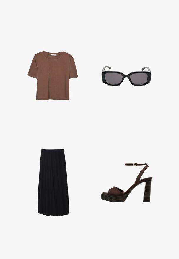 Hnědé tričko s krátkým rukávem vyrobené z měkké látky, s kulatým výstřihem a volným střihem. Bez viditelných vzorů nebo dekorací.; Černá midi sukně se sklady s elastickým páskem, vyrobená z měkké tkaniny, s volným střihem a hladkou texturou.; Hnědé semišové sandály na vysokém podpatku s otevřenou špičkou, nastavitelným páskem kolem kotníku a proužkovou platformou.; Černé obdélníkové sluneční brýle s tmavými skly, hladkým plastovým rámem a zakřivenými stranicemi. Design je robustní s minimalistickou estetikou.