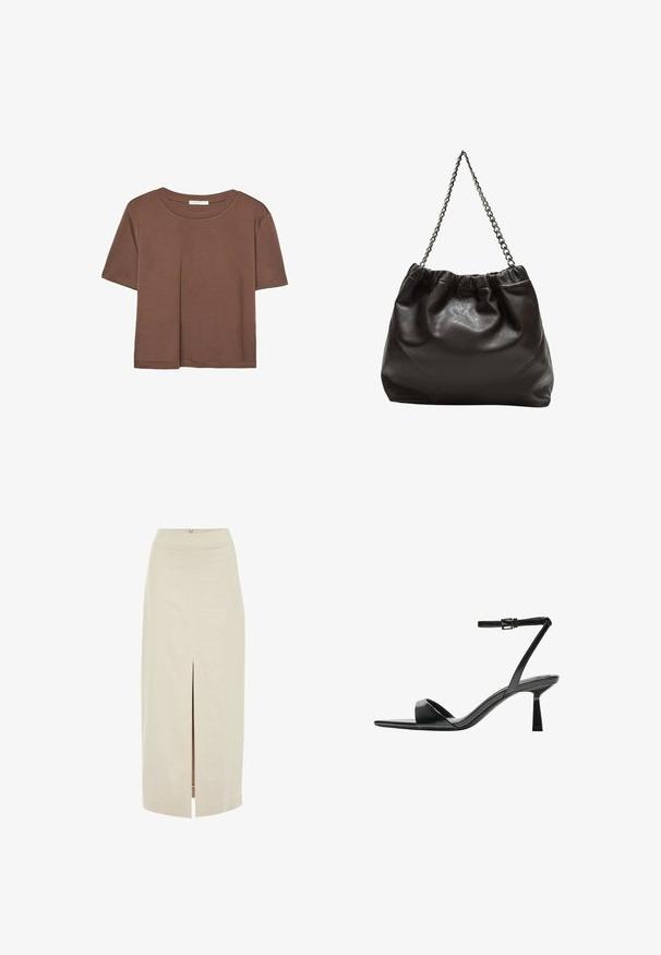 Hnedé tričko s krátkym rukávom vyrobené z jemného materiálu, s okrúhlym výstrihom a voľným strihom. Žiadne viditeľné vzory ani akcenty.; Svetlo béžová midi sukňa so rovný strihom a centrálne umiestneným rozparkom vpredu. Vyrobená zo hladkej tkaniny s skrytým zipsom na chrbte.; Bershka Sandále na vysokom opätku - black; Hnedá kožená taška so zberaným vrchom a reťazovým popruhom. Hladký povrch s lesklým finišom a jemným švom po stranách.