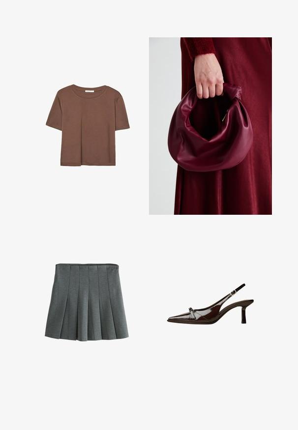T-shirt marron à manches courtes en tissu doux, avec un col rond et une coupe décontractée. Aucun motif ni accent visible.; Jupe plissée grise en tissu léger, dotée d'une taille ajustée et de plis structurés qui créent une silhouette évasée.; Chaussure slingback en cuir verni marron avec un bout pointu, un petit talon et un accent de nœud décoratif à l'avant. Texture lisse et brillante.; Sac à main en cuir bordeaux au design doux et froncé, avec une forme arrondie. La poignée est fixée, mettant en valeur une texture lisse.
