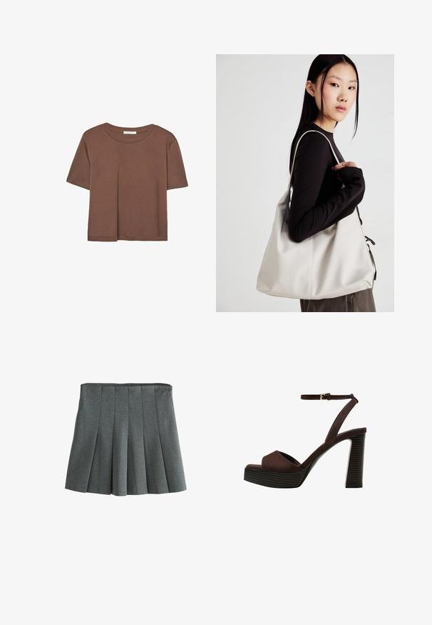 Hnedé tričko s krátkym rukávom vyrobené z jemného materiálu, s okrúhlym výstrihom a voľným strihom. Žiadne viditeľné vzory ani akcenty.; Šedá skladaná sukňa vyrobená z ľahkej tkaniny, s priliehavým pásom a štruktúrovanými sklady, ktoré vytvárajú rozšírený siluetu.; Hnedé semišové sandále na vysokom podpätku s otvorenou špičkou, nastaviteľným členkovým remienkom a pruhovanou platformovou podrážkou.; Béžová kabelka vyrobená z mäkkého materiálu, s uvoľneným dizajnom, prišitými detailmi a dvoma popruhmi na nosenie na pleciach. Vhodná na každodenné nosenie.