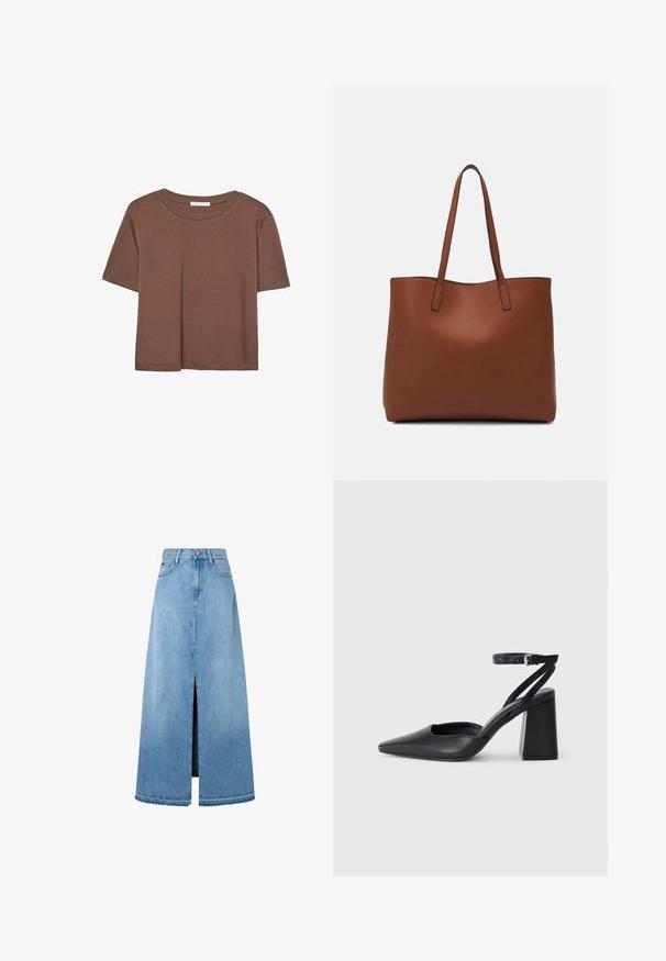 Maglietta a maniche corte marrone realizzata in tessuto morbido, con scollatura rotonda e vestibilità rilassata. Nessun motivo o dettaglio visibile.; Gonna maxi in denim azzurro con spacco frontale, forma tipica a A, orlo rifinito e design classico a cinque tasche. Chiusura con bottone in vita.; Pump in pelle nera con punta affusolata, cinturino alla caviglia e tacco spesso. Texture piatta, design elegante ed estetica minimalista.; Borsa tote in pelle marrone con texture liscia, design con apertura superiore e due spallacci. Presenta cuciture minime e nessun hardware visibile.