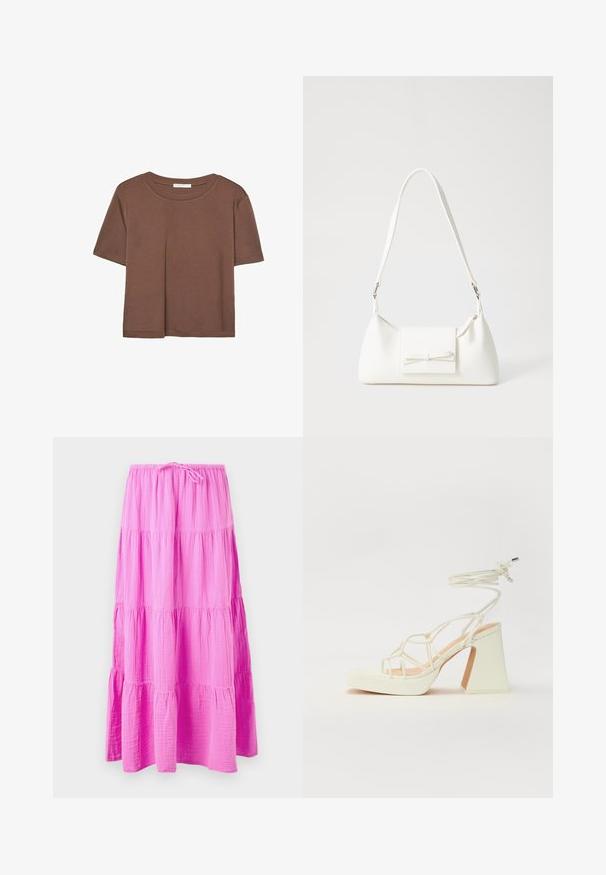 Kahvinsävyinen lyhythihainen t-paita, joka on valmistettu pehmeästä kankaasta. Pyöreä pääntie ja rento malli. Ei näkyviä kuvioita tai koristeita.; Pitkä, porrastettu hame kirkkaan vaaleanpunaisena, valmistettu pehmeästä, teksturoidusta kankaasta. Varustettu joustavalla vyötärönauhalla, jossa on nyöri säädettävää istuvuutta varten.; Valkoinen korkokenkä, jossa on paksu korko, ja joka sisältää nauhakiinnityksen ja nilkkaketjun. Sujuva pinta, jossa on platform-etupohja lisäkorkeutta varten.; Valkoinen synteettinen käsilaukku, jossa on kolmikulmainen muoto, tasainen etu läppä ja nauhadetail, säädettävä olkahihna, sileä rakenne ja minimalinen muotoilu.