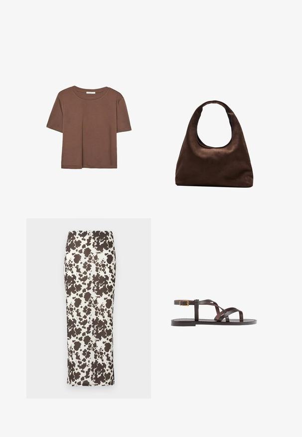 Kahvinsävyinen lyhythihainen t-paita, joka on valmistettu pehmeästä kankaasta. Pyöreä pääntie ja rento malli. Ei näkyviä kuvioita tai koristeita.; Pitkähihainen vaaleanruskea ja valkoinen kuviollinen maksimekko, jossa on sileä rakenne, tiukka muotoilu ja sivuleikkaus. Mukava joustovyötärö.; Ruske kožne sandale s križnim trakama, zatvaranjem na kopču oko gležnja i ravnim potplatom s minimalnim detaljima šivanja.; Pehmeä ruskea hobo-tyylinen käsilaukku, jossa on yksi leveä olkahihna ja kaareva yläosan aukko, esitelty valkoista taustaa vasten.