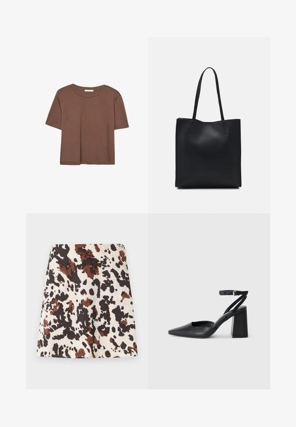 Brun kortærmet t-shirt lavet af blødt stof, med rund halsudskæring og afslappet pasform. Ingen synlige mønstre eller detaljer.; Kort nederdel med et mønster af køer i creme, brun og sort. Fremstillet af blødt stof; har en lige, tætsiddende design og let stræk.; Sort læder spidse pumps med ankelrem og en chunky hæl. Flad tekstur, slankt design og minimalistisk æstetik.; Sort læder tote taske med glat tekstur, rektangulær form og to lange hanke. Ingen synlig hardware eller udsmykninger.