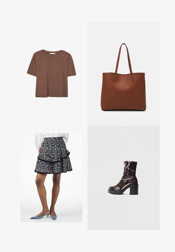 Hnedé tričko s krátkym rukávom vyrobené z jemného materiálu, s okrúhlym výstrihom a voľným strihom. Žiadne viditeľné vzory ani akcenty.; Čierna kvetinová sukňa s vrstveným dizajnom, s modrými a žltými kvetmi. Sukňa má vlnité okraje a elastický pás pre pohodlné nosenie.; Lesklé burgundské kotníkové boty s robustním černým podpatkem, s hladkou strukturou a jednoduchým designem. Bez viditelných zapínání nebo vzorů.; Hnedá kožená taška na rameno s hladkou textúrou, otvoreným vrchom a dvoma ramenými popruhmi. Má minimálne šitia a žiadne viditeľné kovania.