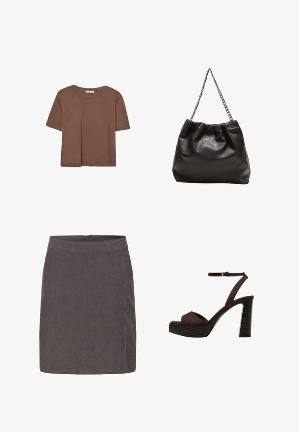 Rjava kratka majica s kratkimi rokavi iz mehkega materiala, s krožnim izrezom in ohlapnim krojem. Brez vidnih vzorcev ali dodatkov.; Kaffe VERA - Krilo A-kroja - major brown c; Rjave semiš sandale z visoko peto, odprto spredaj, z nastavljivim gležnjenjem in črtastim podplatom.; Rjava usnjena torba z nabranim vrhom in verižnim trakom. Gladka tekstura z sijajno površino in subtilnimi šivi na straneh.