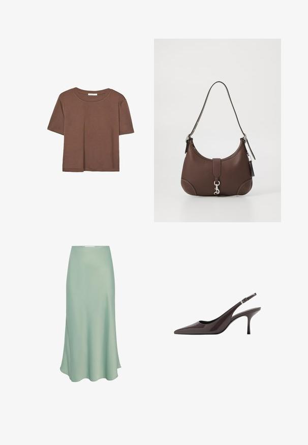Hnedé tričko s krátkym rukávom vyrobené z jemného materiálu, s okrúhlym výstrihom a voľným strihom. Žiadne viditeľné vzory ani akcenty.; Satinová midi sukňa v mätovo zelenej farbe s hladkou textúrou, s jemne rozšíreným strihom a bočným rozparkom pre pridaný dizajnový detail.; Sandalové topánky s špicatou špičkou v tmavo hnedých patentovaných kožách, vybavené štíhlym vysokým opätkom a nastaviteľným členkovým remienkom so sponou.; Hnedá kožená kabelka s zaobleným tvarom, striebornými kovovými doplnkami a dekoratívnym prešitím. Obsahuje ramenný popruh a uzáver na klip.
